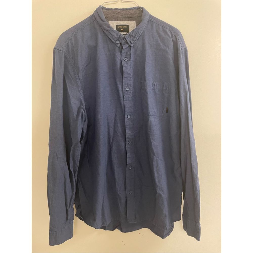 Mens Large QUICKSILVER Button Shirt- Blue/Grey Cotton Long Sleeve Modern Fit